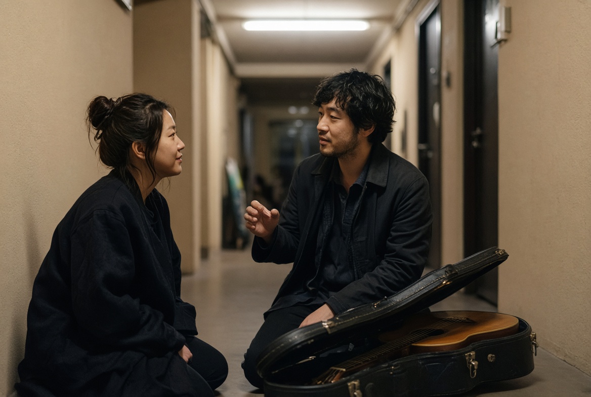 A listener and a musician talking after a set